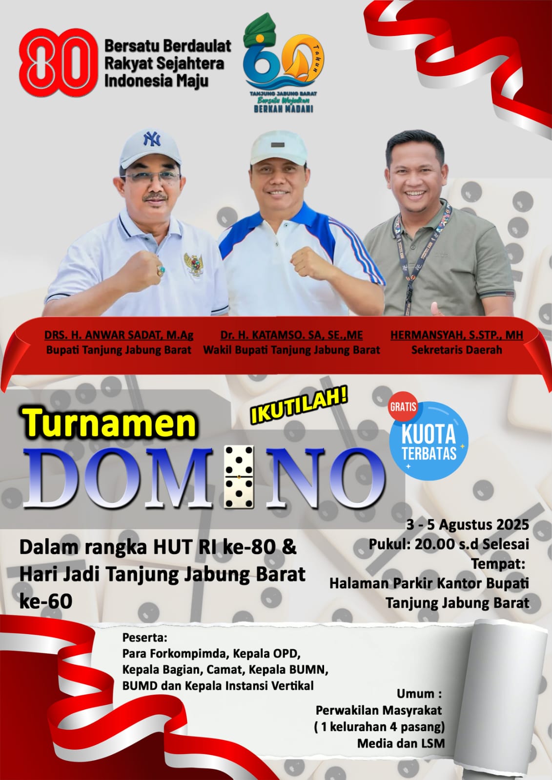 Meriahkan HUT ke - 80 RI dan HUT ke - 60 Tanjab Barat, Pemkab Tanjab Barat Gelar Lomba Domino Bertabur Hadiah