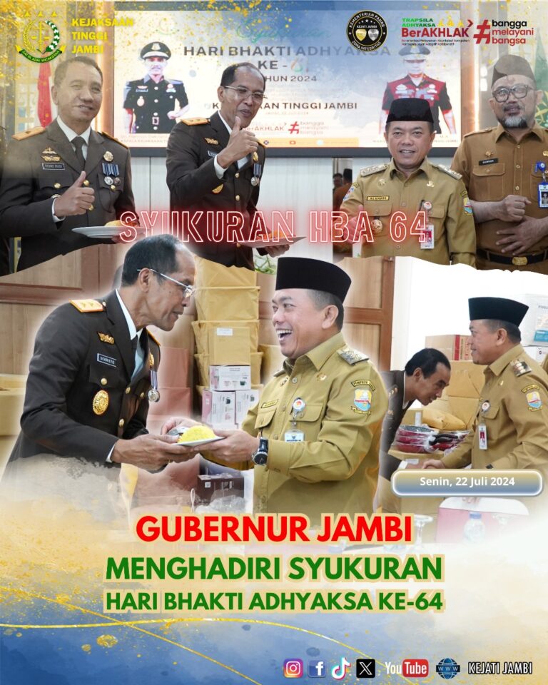 Gubernur Jambi Dr. H. Alharis,S.Sos,MH didampingi Sekda Provinsi Jambi Sudirman memberikan kejutan dalam rangka Hari Bhakti Adhyaksa Ke-64 Tahun 2024